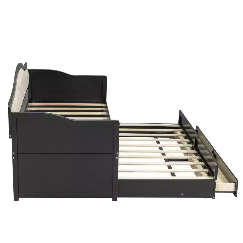 Daybed singolo imbottito beige / nero / noce con letto estraibile e 2 cassetti, per 2 persone