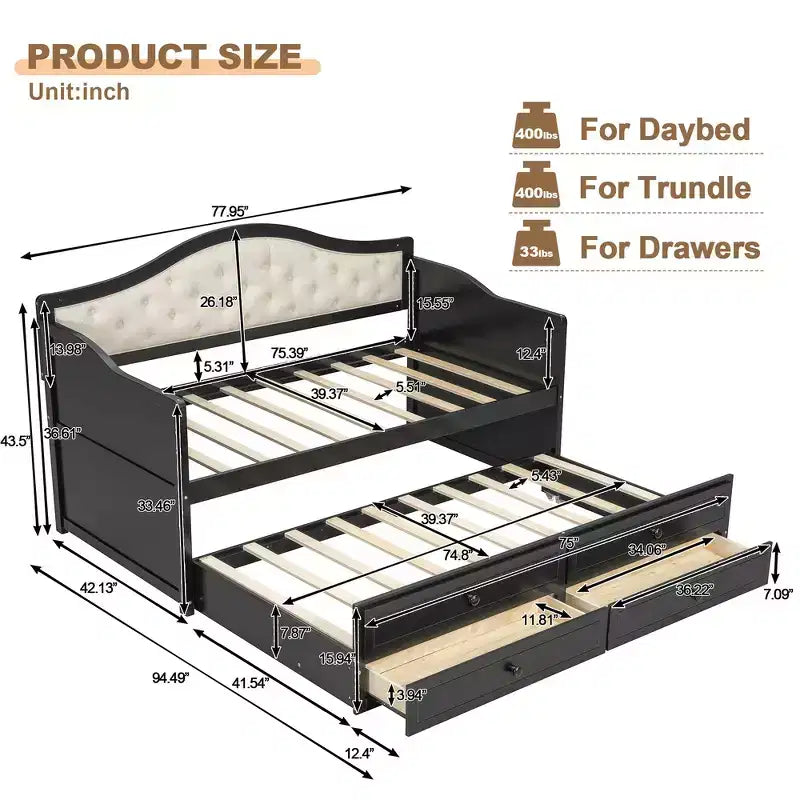 Daybed singolo imbottito beige / nero / noce con letto estraibile e 2 cassetti, per 2 persone