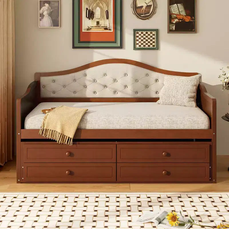 Daybed singolo imbottito beige / nero / noce con letto estraibile e 2 cassetti, per 2 persone
