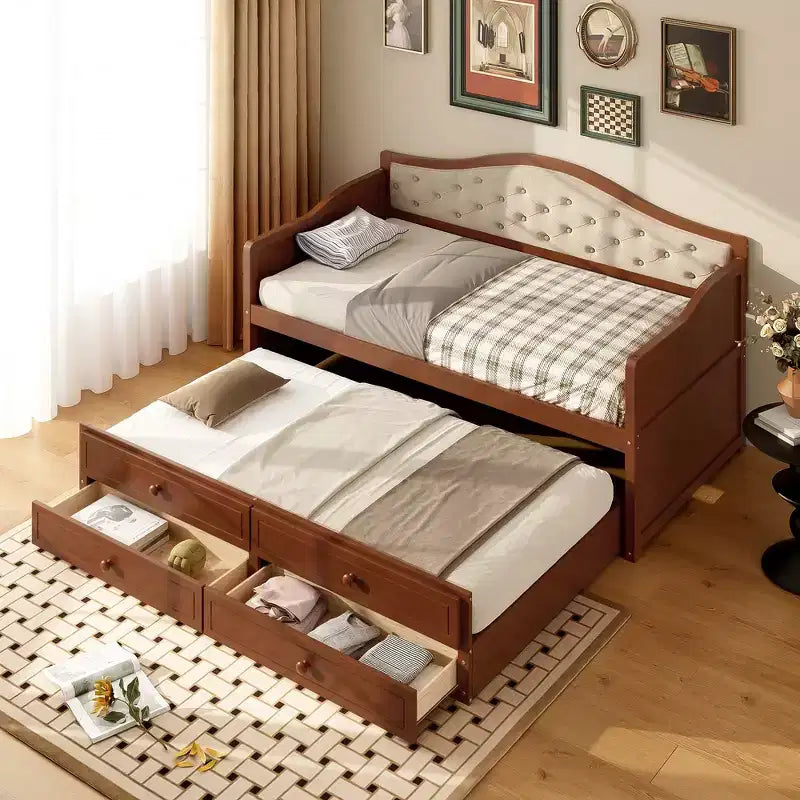 Daybed singolo imbottito beige / nero / noce con letto estraibile e 2 cassetti, per 2 persone