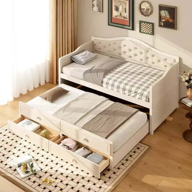 Daybed singolo imbottito beige / nero / noce con letto estraibile e 2 cassetti, per 2 persone