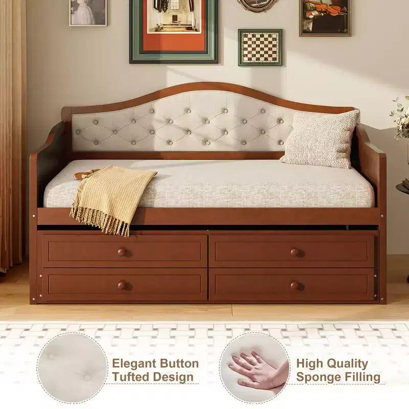 Daybed singolo imbottito beige / nero / noce con letto estraibile e 2 cassetti, per 2 persone
