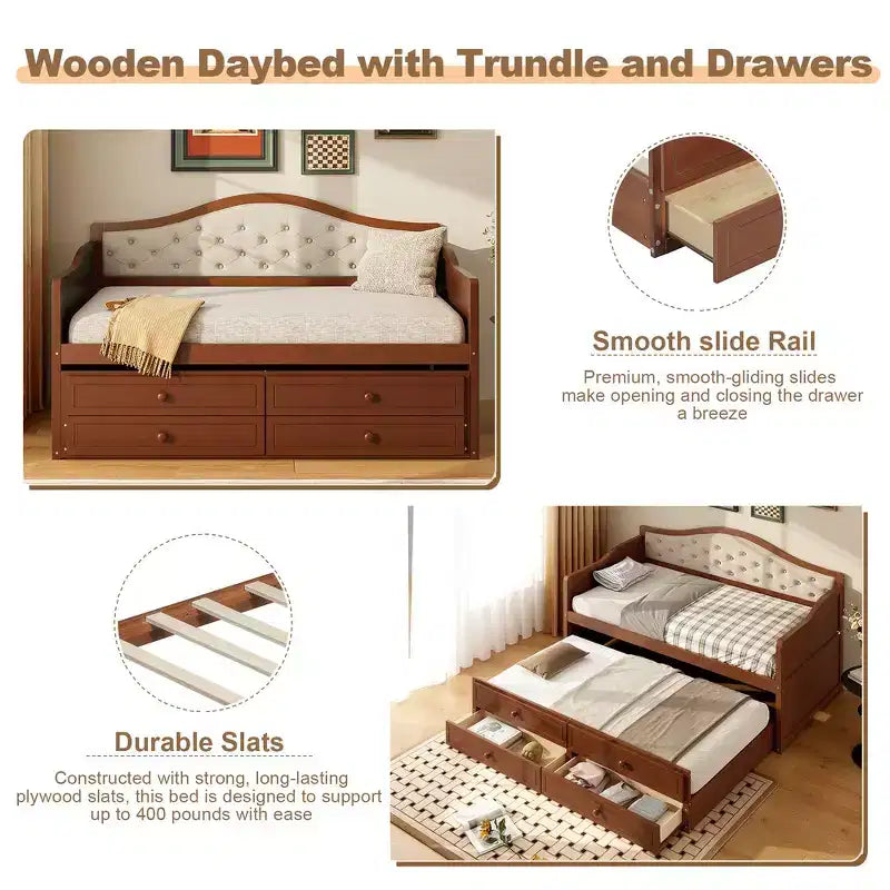 Daybed singolo imbottito beige / nero / noce con letto estraibile e 2 cassetti, per 2 persone