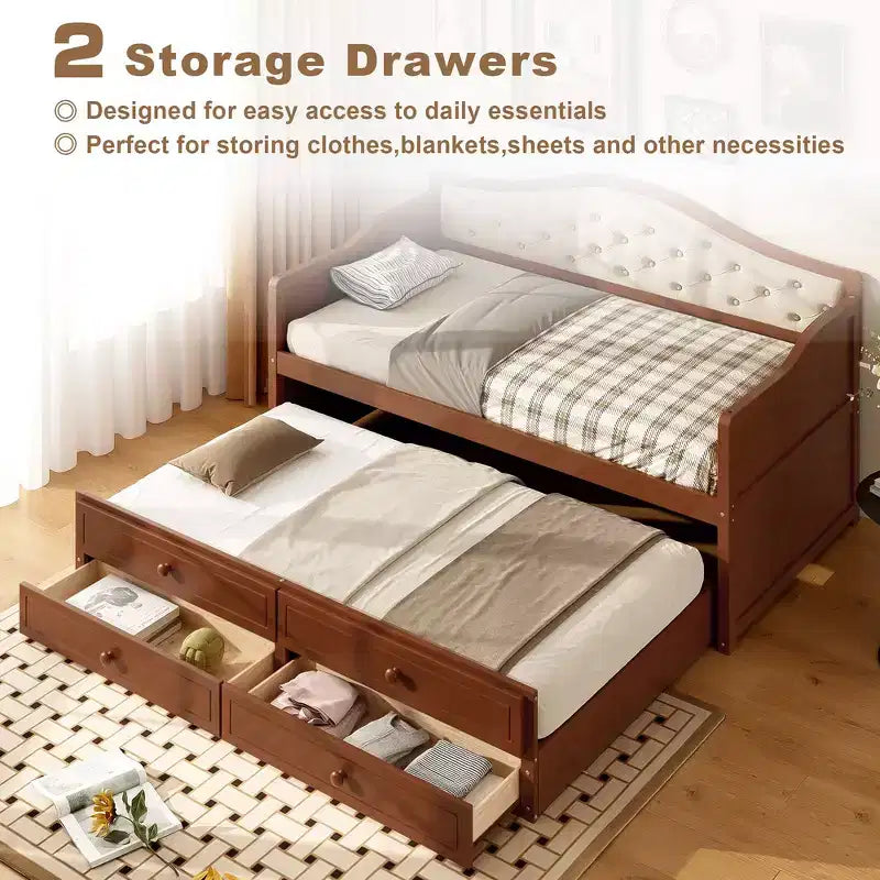 Daybed singolo imbottito beige / nero / noce con letto estraibile e 2 cassetti, per 2 persone