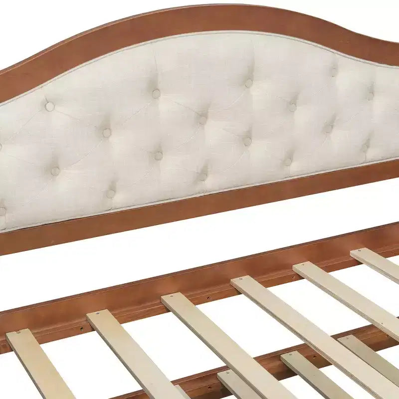 Daybed singolo imbottito beige / nero / noce con letto estraibile e 2 cassetti, per 2 persone