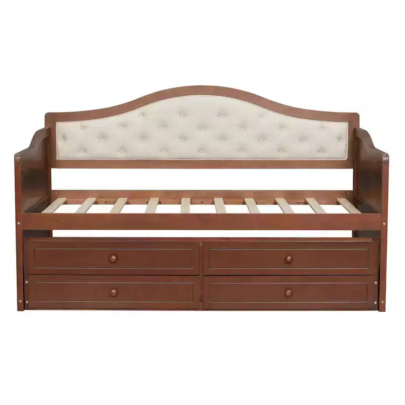 Daybed singolo imbottito beige / nero / noce con letto estraibile e 2 cassetti, per 2 persone