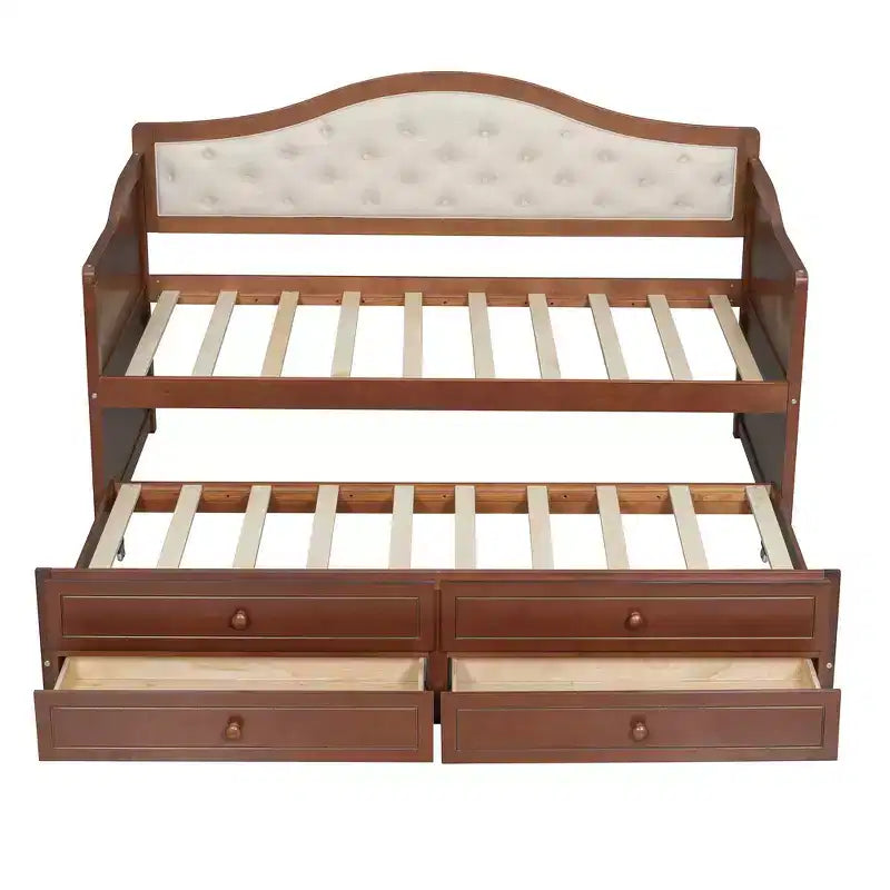 Daybed singolo imbottito beige / nero / noce con letto estraibile e 2 cassetti, per 2 persone