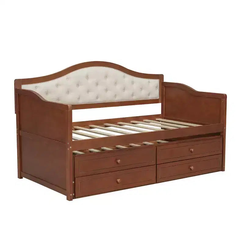 Daybed singolo imbottito beige / nero / noce con letto estraibile e 2 cassetti, per 2 persone