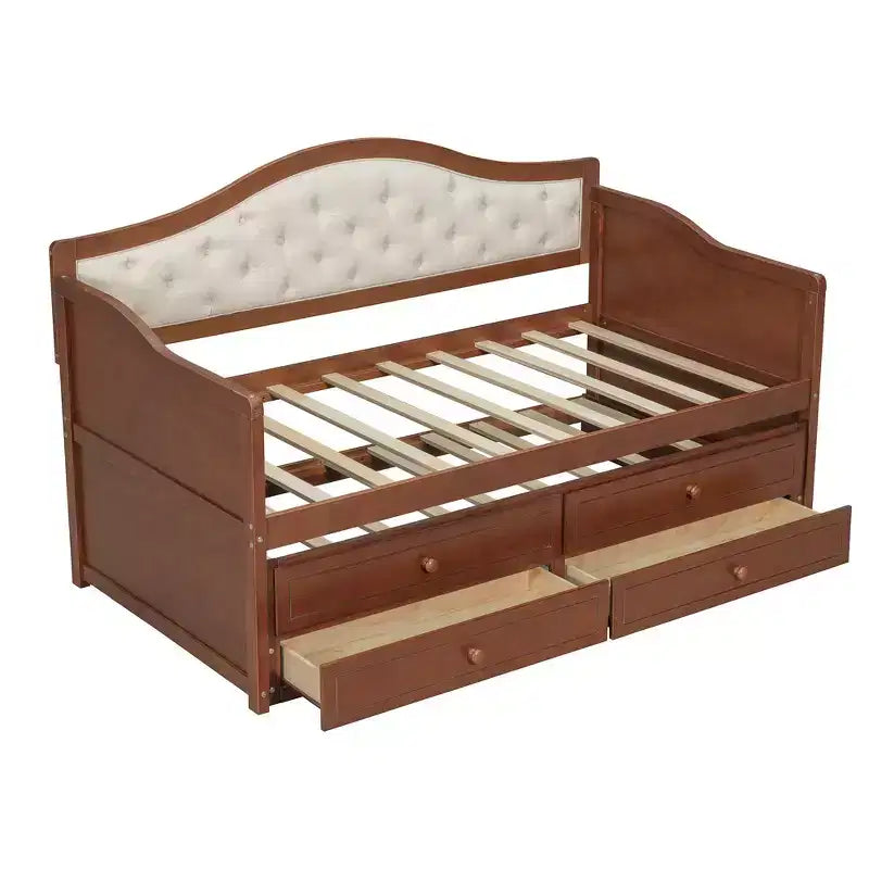 Daybed singolo imbottito beige / nero / noce con letto estraibile e 2 cassetti, per 2 persone