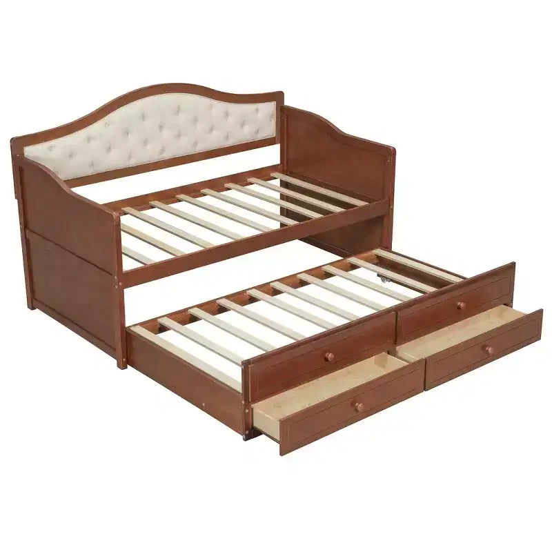 Daybed singolo imbottito beige / nero / noce con letto estraibile e 2 cassetti, per 2 persone