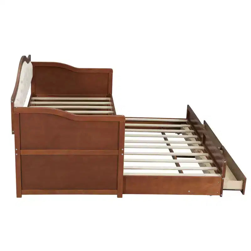 Daybed singolo imbottito beige / nero / noce con letto estraibile e 2 cassetti, per 2 persone
