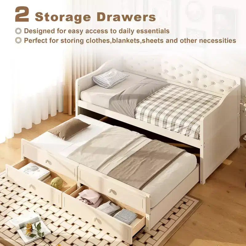 Daybed singolo imbottito beige / nero / noce con letto estraibile e 2 cassetti, per 2 persone