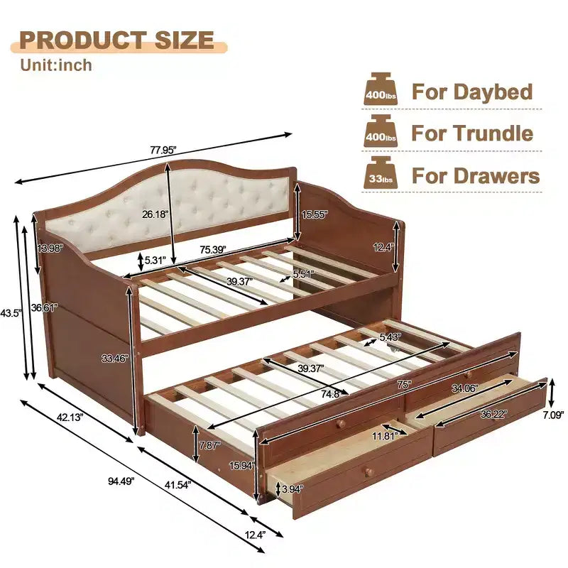 Daybed singolo imbottito beige / nero / noce con letto estraibile e 2 cassetti, per 2 persone