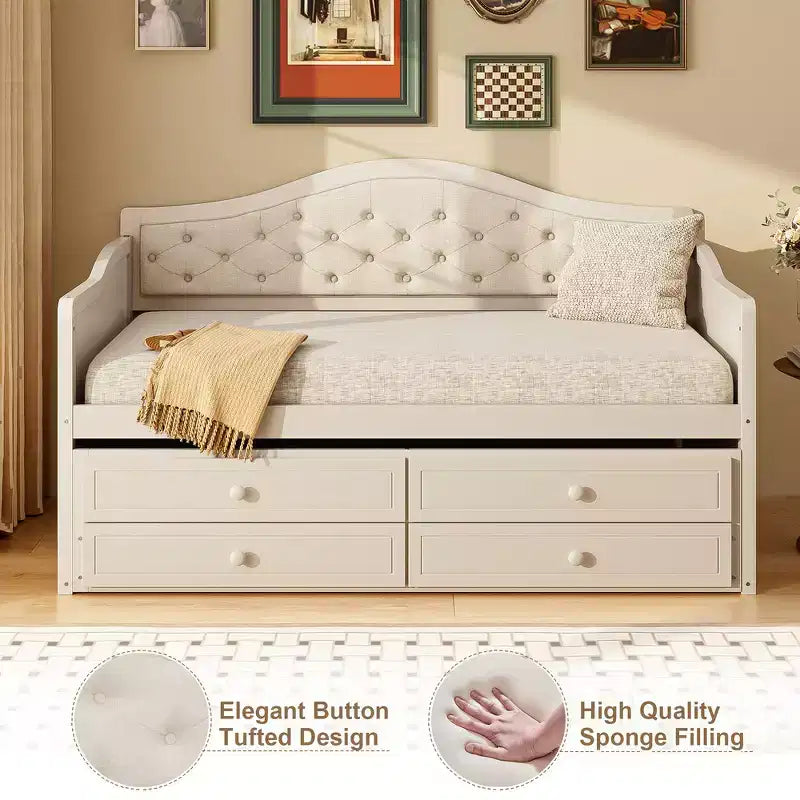 Daybed singolo imbottito beige / nero / noce con letto estraibile e 2 cassetti, per 2 persone