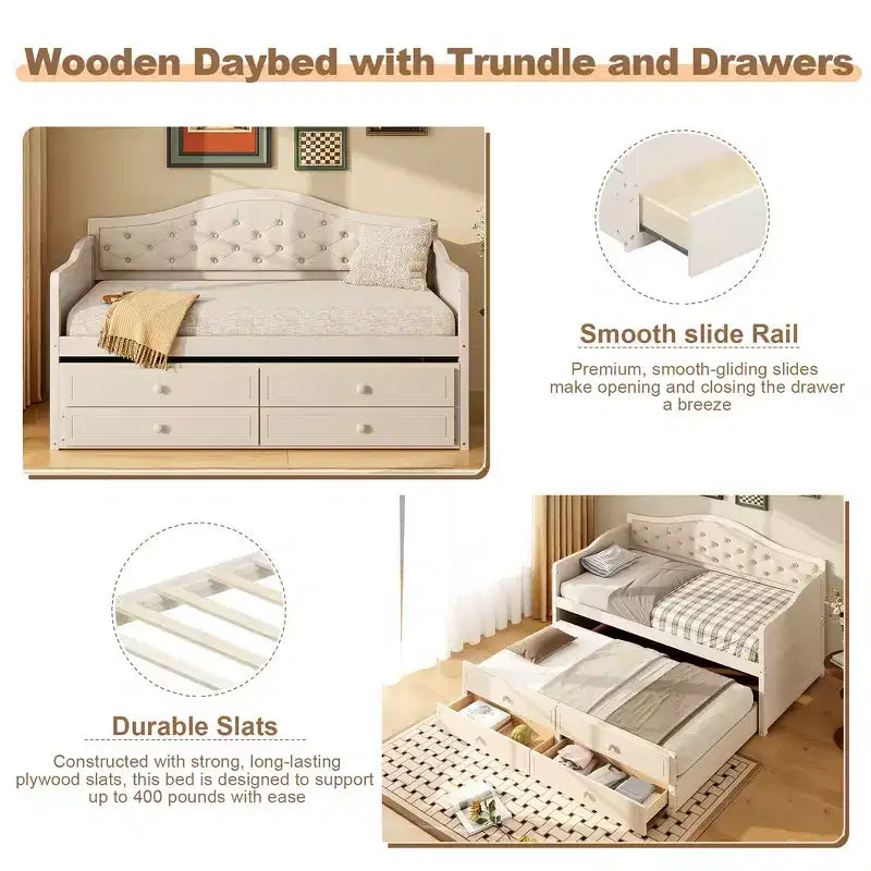 Daybed singolo imbottito beige / nero / noce con letto estraibile e 2 cassetti, per 2 persone