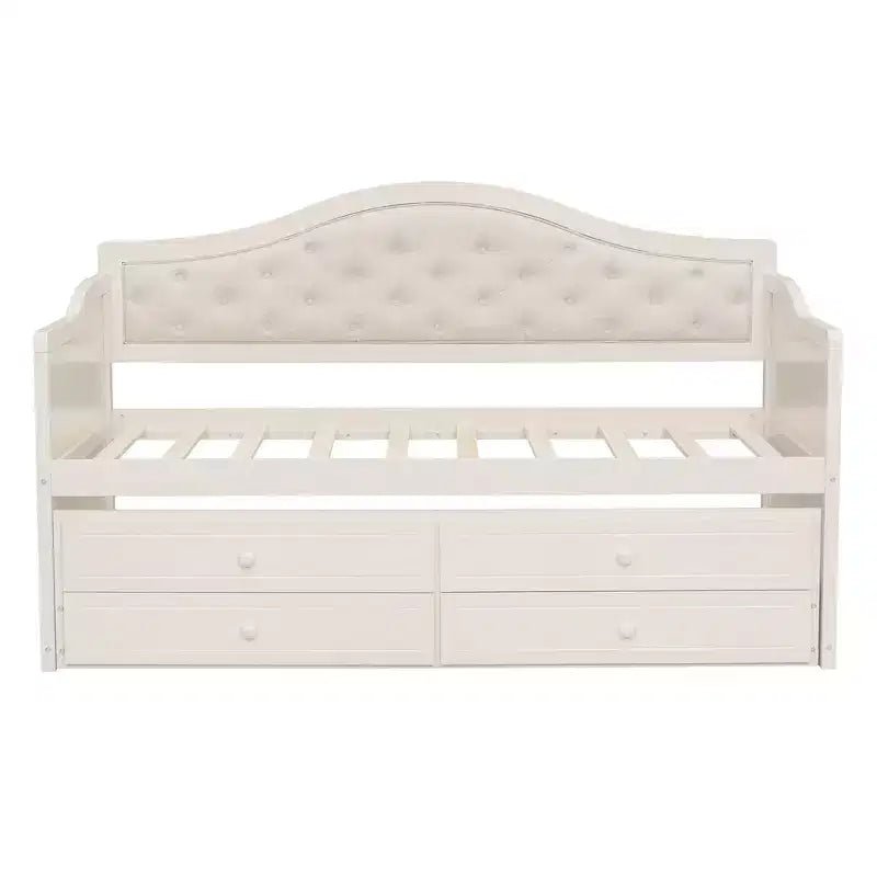 Daybed singolo imbottito beige / nero / noce con letto estraibile e 2 cassetti, per 2 persone