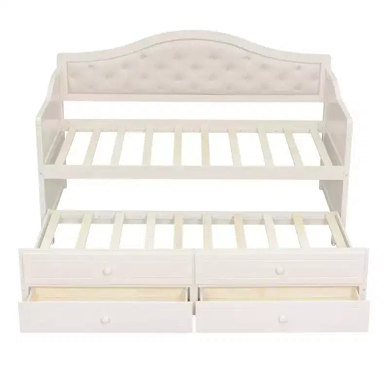 Daybed singolo imbottito beige / nero / noce con letto estraibile e 2 cassetti, per 2 persone