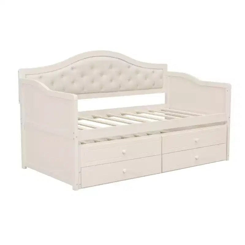 Daybed singolo imbottito beige / nero / noce con letto estraibile e 2 cassetti, per 2 persone