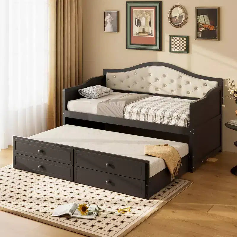 Daybed singolo imbottito beige / nero / noce con letto estraibile e 2 cassetti, per 2 persone
