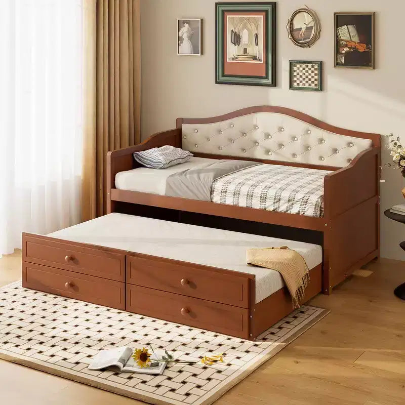 Daybed singolo imbottito beige / nero / noce con letto estraibile e 2 cassetti, per 2 persone