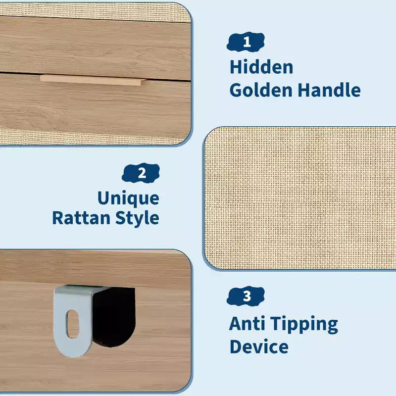 Cassettiera alta a 5 cassetti in rattan – Quercia scura / Quercia chiara, montaggio a 1 persona