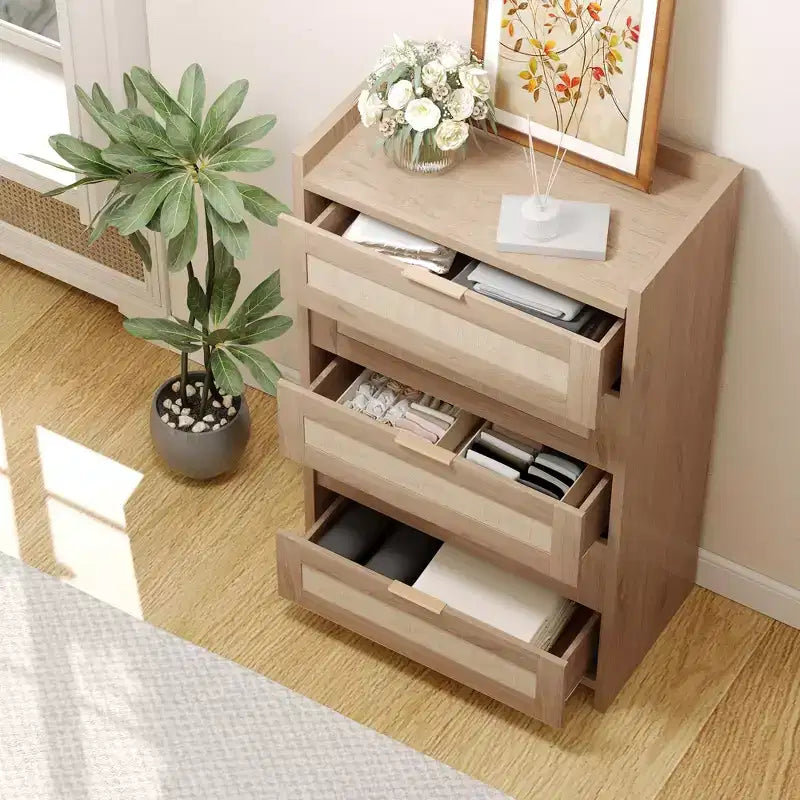 Cassettiera alta a 5 cassetti in rattan – Quercia scura / Quercia chiara, montaggio a 1 persona