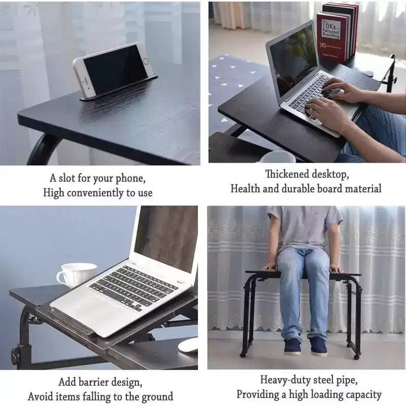 Tavolo da Letto Regolabile Nero con Ruote, Piano Inclinabile, Uso Singolo – 31.5" / 47.24"