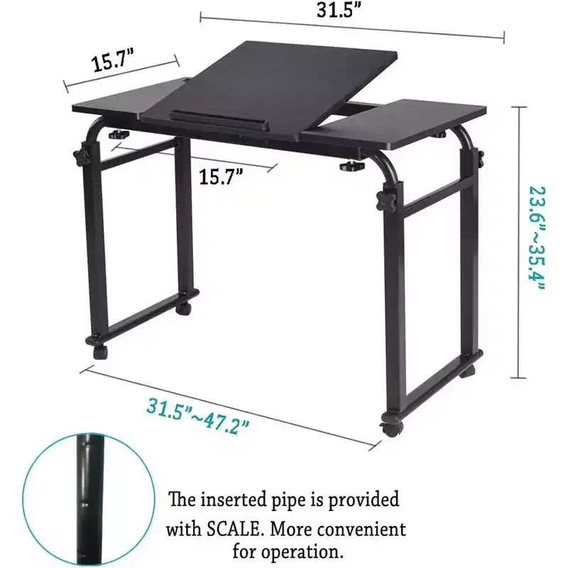 Tavolo da Letto Regolabile Nero con Ruote, Piano Inclinabile, Uso Singolo – 31.5" / 47.24"