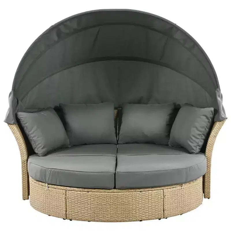 Daybed da esterno in rattan beige a 2 posti con tettuccio retrattile