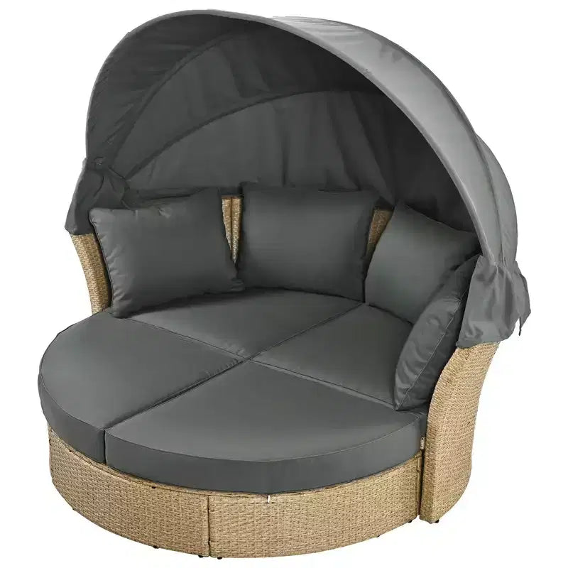 Daybed da esterno in rattan beige a 2 posti con tettuccio retrattile