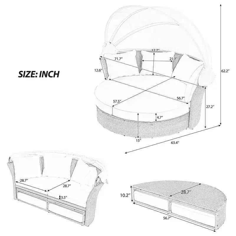 Daybed da esterno in rattan beige a 2 posti con tettuccio retrattile