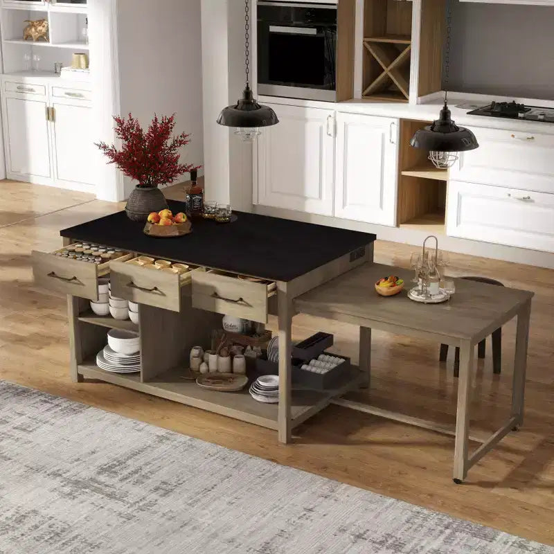 Isola Cucina Allungabile Grigio/Naturale con Contenitore, 4 Posti