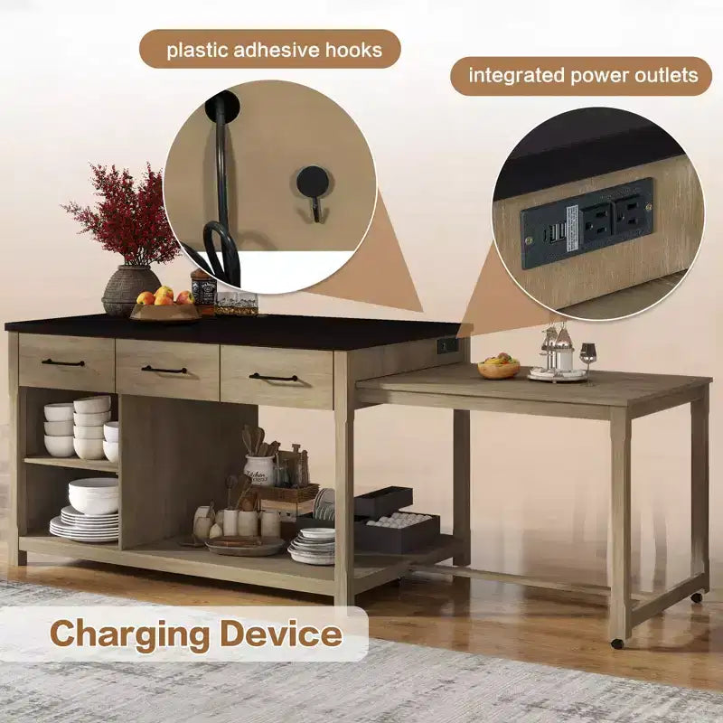Isola Cucina Allungabile Grigio/Naturale con Contenitore, 4 Posti