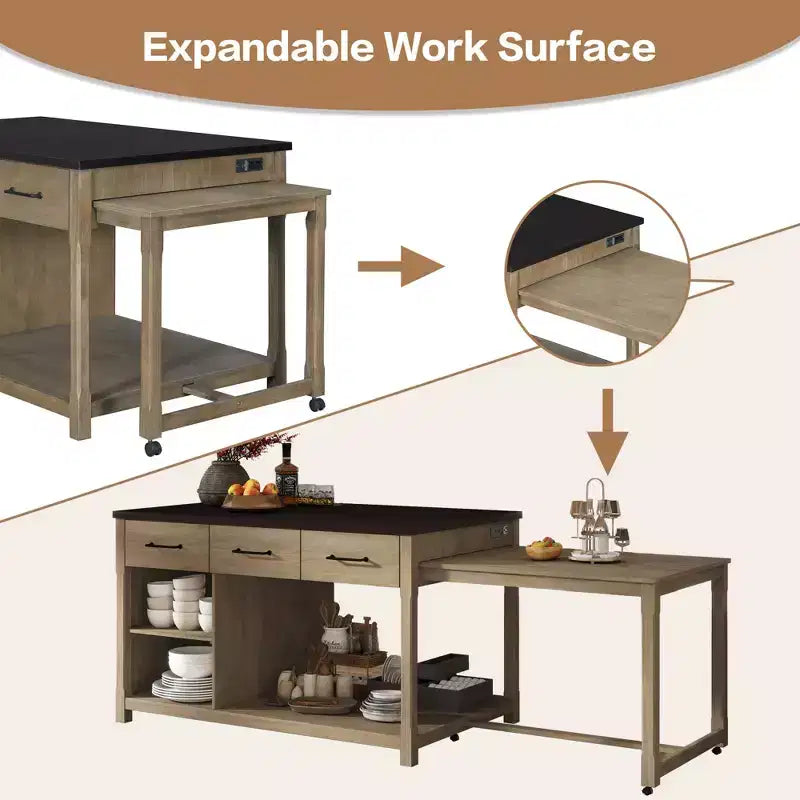 Isola Cucina Allungabile Grigio/Naturale con Contenitore, 4 Posti
