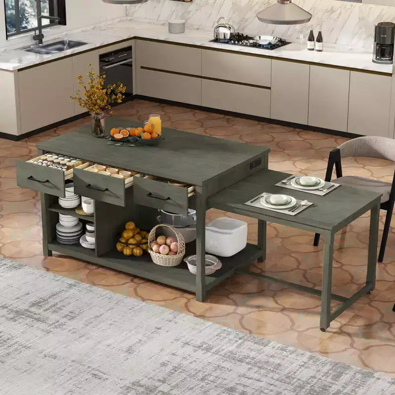 Isola Cucina Allungabile Grigio/Naturale con Contenitore, 4 Posti