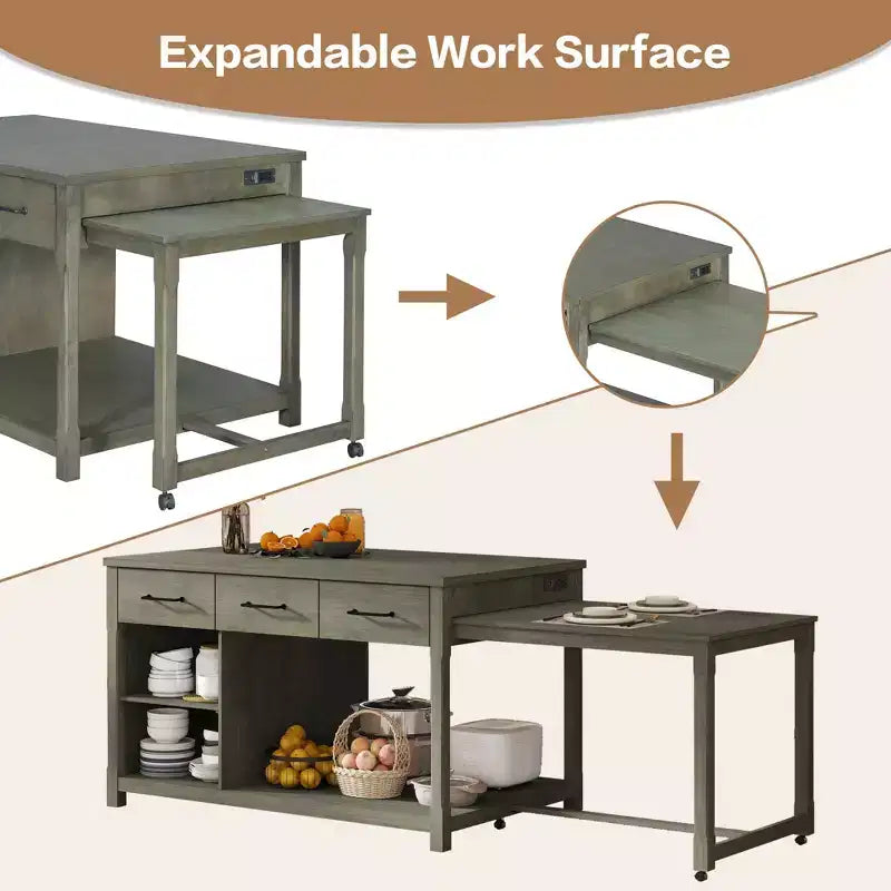 Isola Cucina Allungabile Grigio/Naturale con Contenitore, 4 Posti