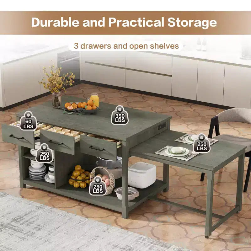 Isola Cucina Allungabile Grigio/Naturale con Contenitore, 4 Posti