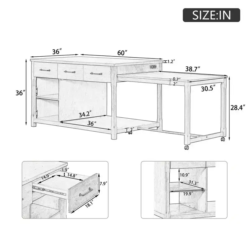 Isola Cucina Allungabile Grigio/Naturale con Contenitore, 4 Posti