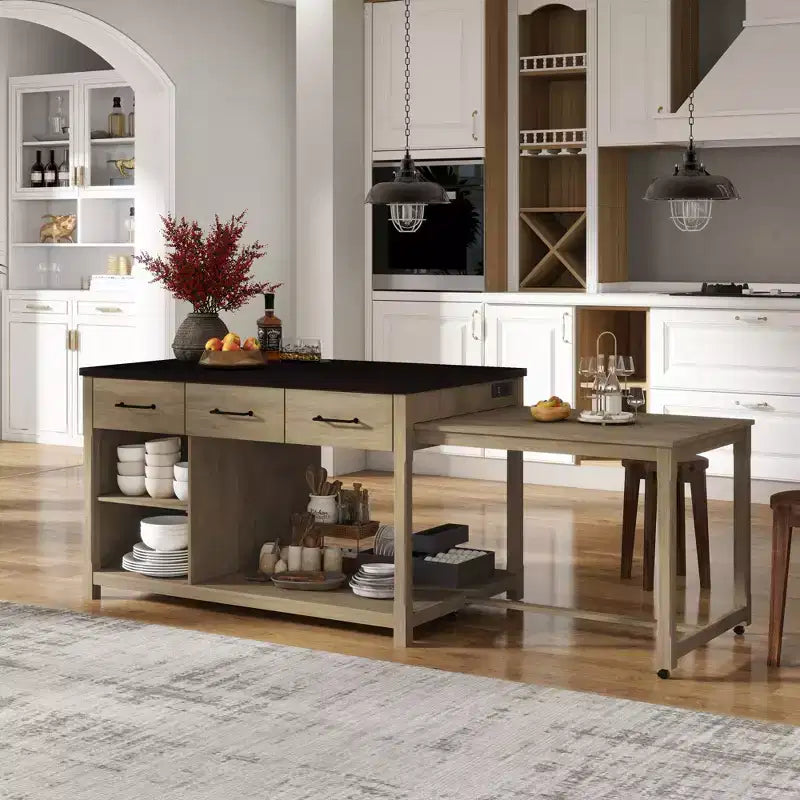 Isola Cucina Allungabile Grigio/Naturale con Contenitore, 4 Posti