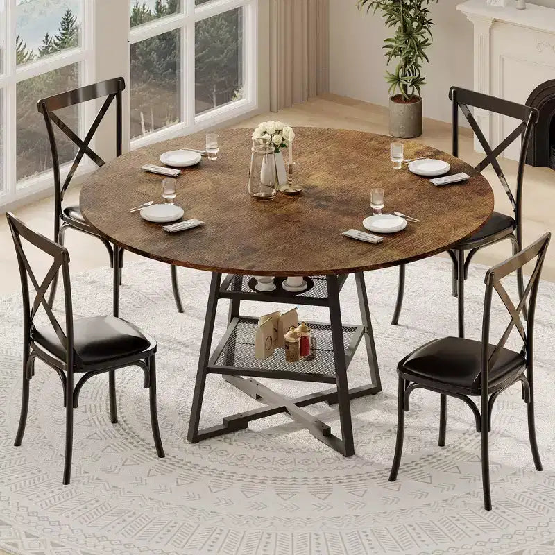 Tavolo da pranzo rotondo con ripiano contenitore, nero/marrone rustico, 4-6 posti a sedere