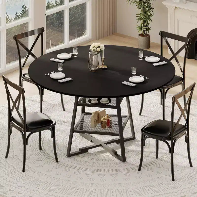 Tavolo da pranzo rotondo con ripiano contenitore, nero/marrone rustico, 4-6 posti a sedere