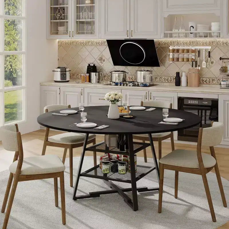 Tavolo da pranzo rotondo con ripiano contenitore, nero/marrone rustico, 4-6 posti a sedere