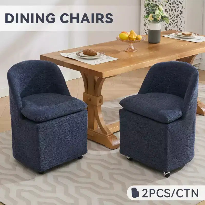 Sedia girevole da pranzo in ciniglia beige/blu con ruote, set da 2