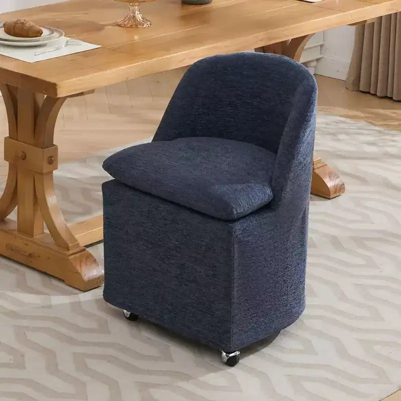 Sedia girevole da pranzo in ciniglia beige/blu con ruote, set da 2