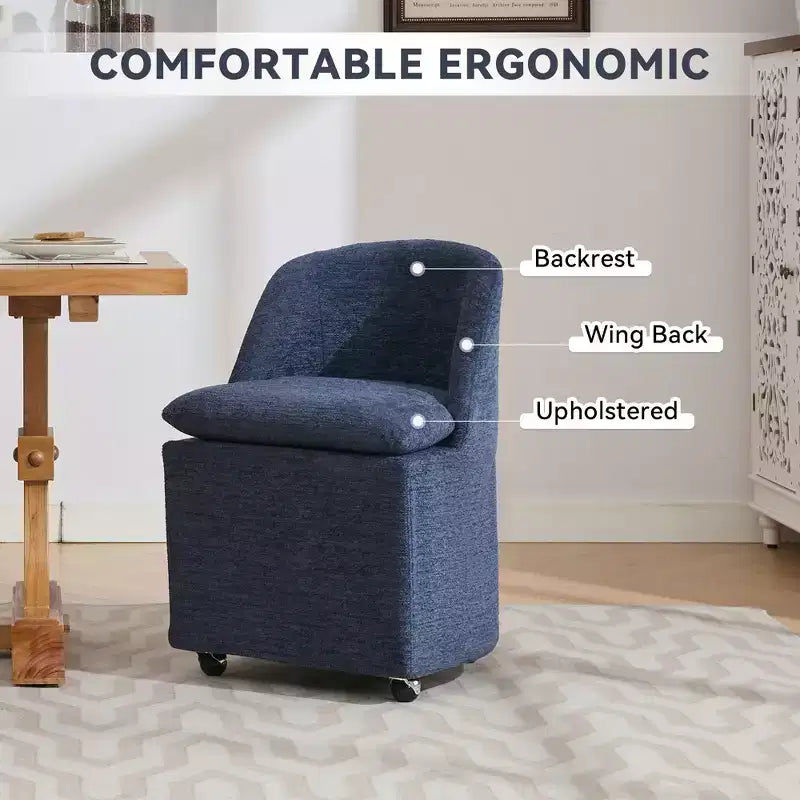 Sedia girevole da pranzo in ciniglia beige/blu con ruote, set da 2