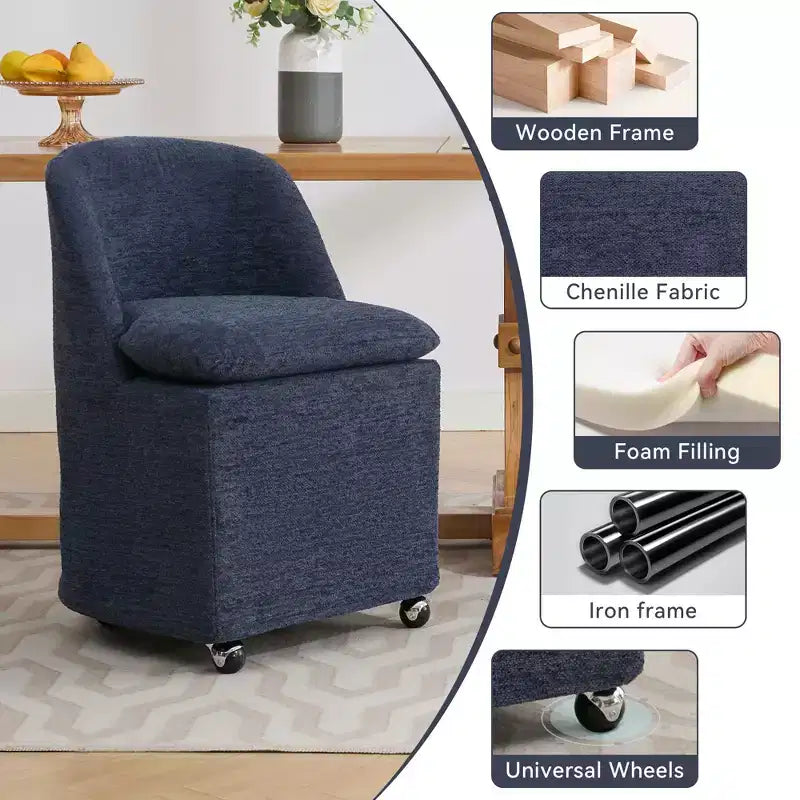 Sedia girevole da pranzo in ciniglia beige/blu con ruote, set da 2