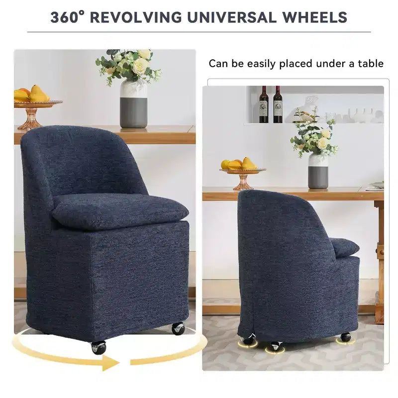 Sedia girevole da pranzo in ciniglia beige/blu con ruote, set da 2