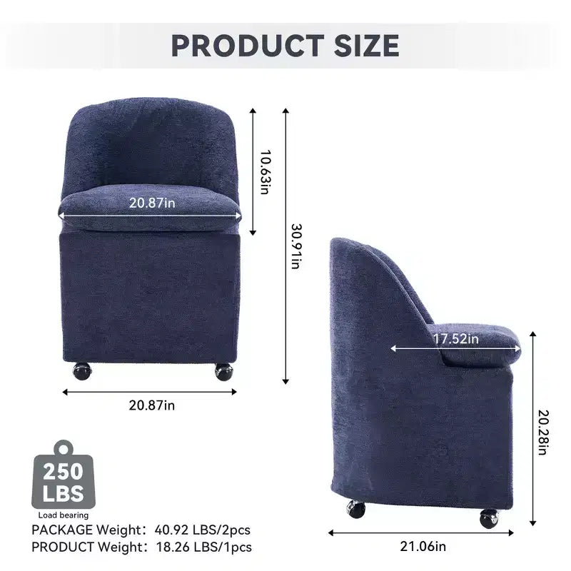 Sedia girevole da pranzo in ciniglia beige/blu con ruote, set da 2