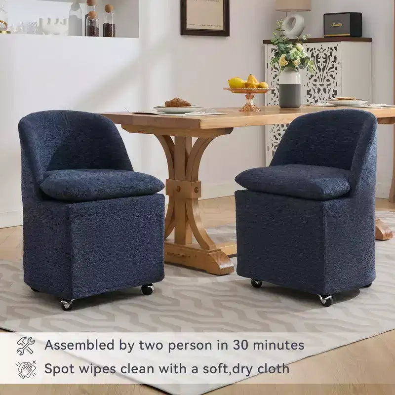 Sedia girevole da pranzo in ciniglia beige/blu con ruote, set da 2