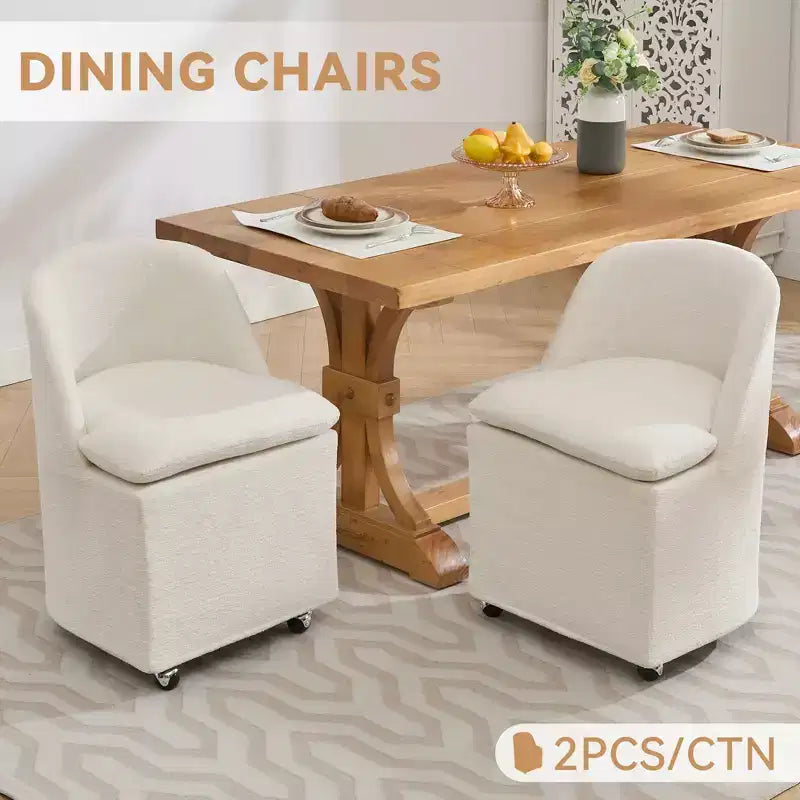 Sedia girevole da pranzo in ciniglia beige/blu con ruote, set da 2